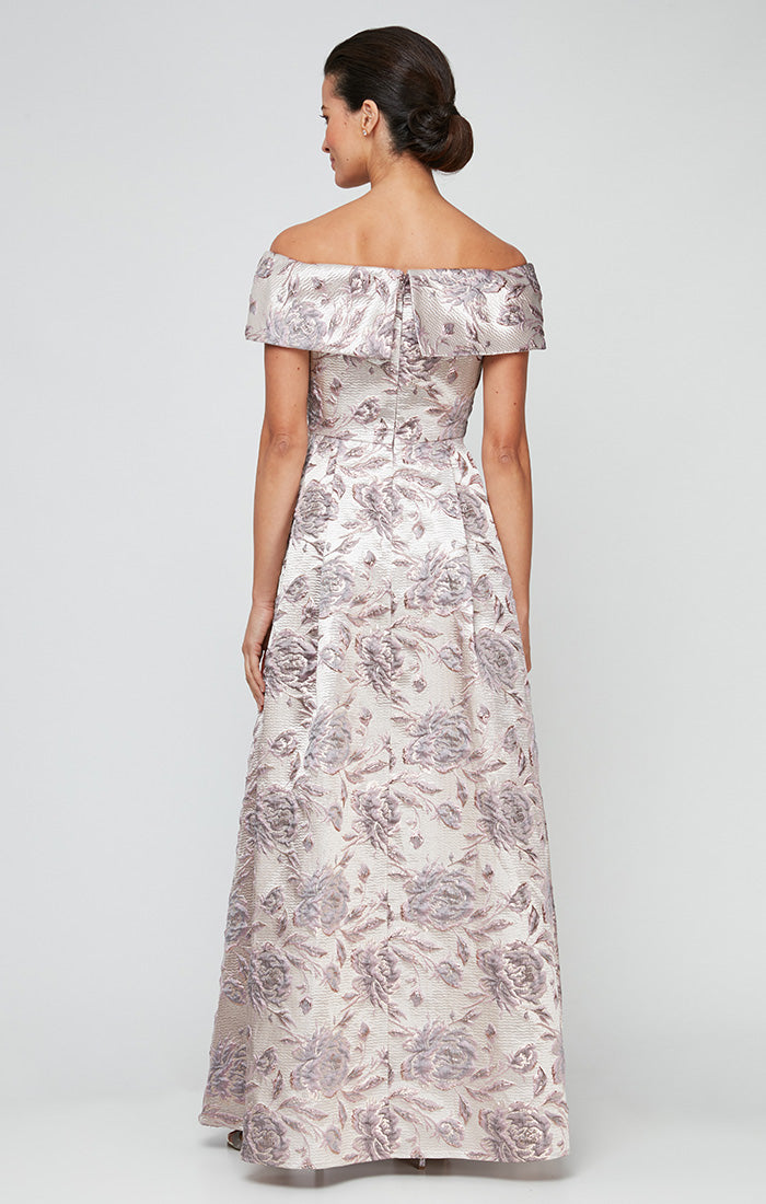 Floral Metallic Brocade Off-the-Shoulder Ballgown with Pockets