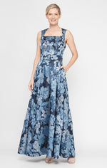 Long Sleeveless Printed Jacquard Dress with Square Neckline and Structured Belt