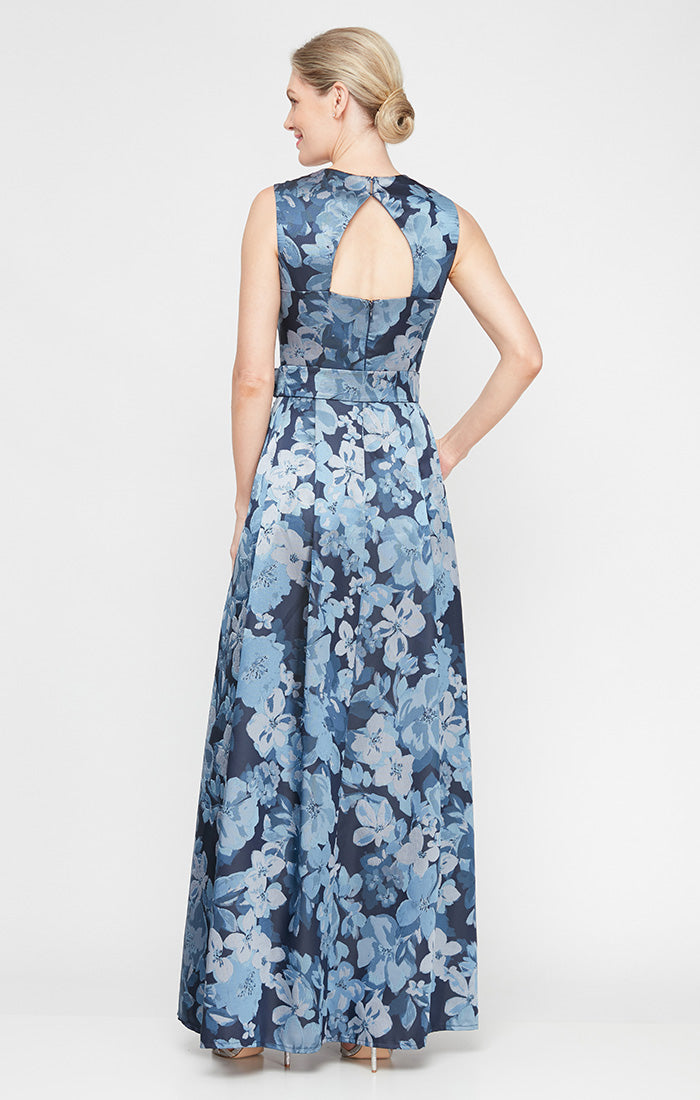 Long Sleeveless Printed Jacquard Dress with Square Neckline and Structured Belt