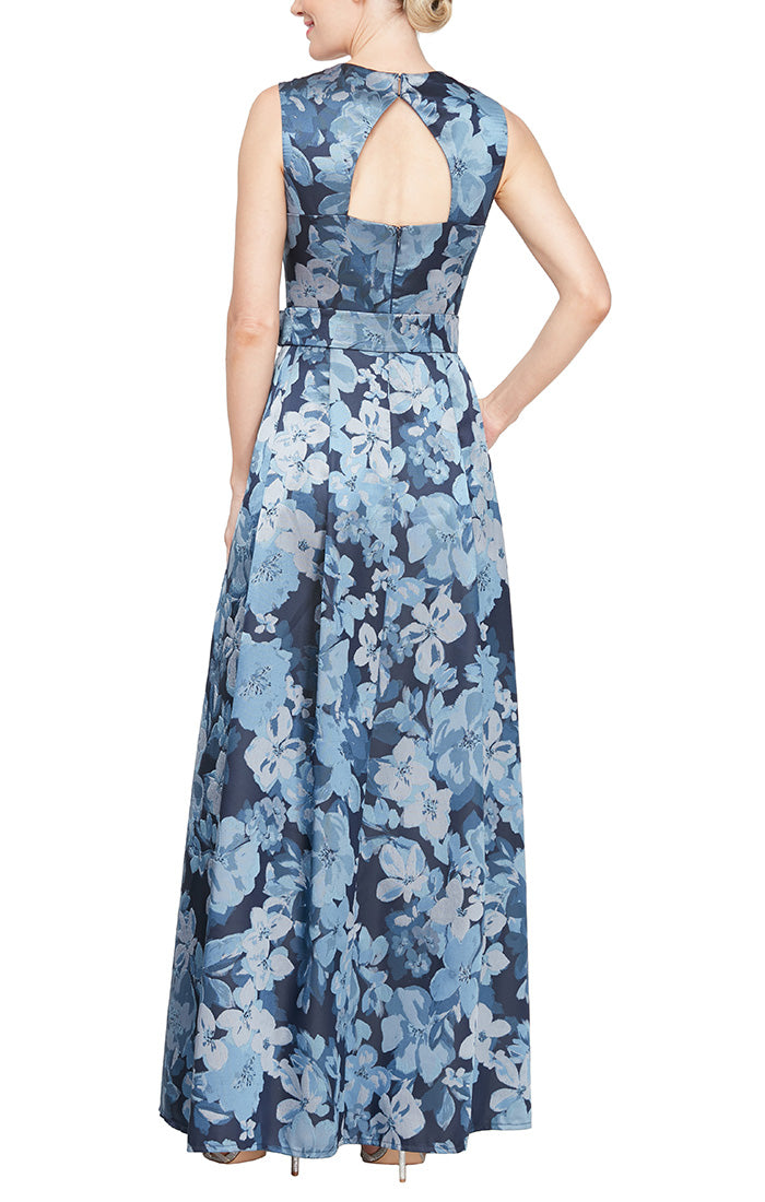 Long Sleeveless Printed Jacquard Dress with Square Neckline and Structured Belt