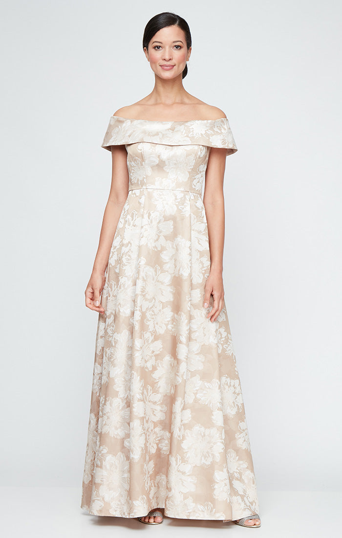 Long Printed Jacquard Off the Shoulder Ballgown