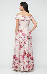 Long Printed Foil Jacquard Off-the-Shoulder Ballgown