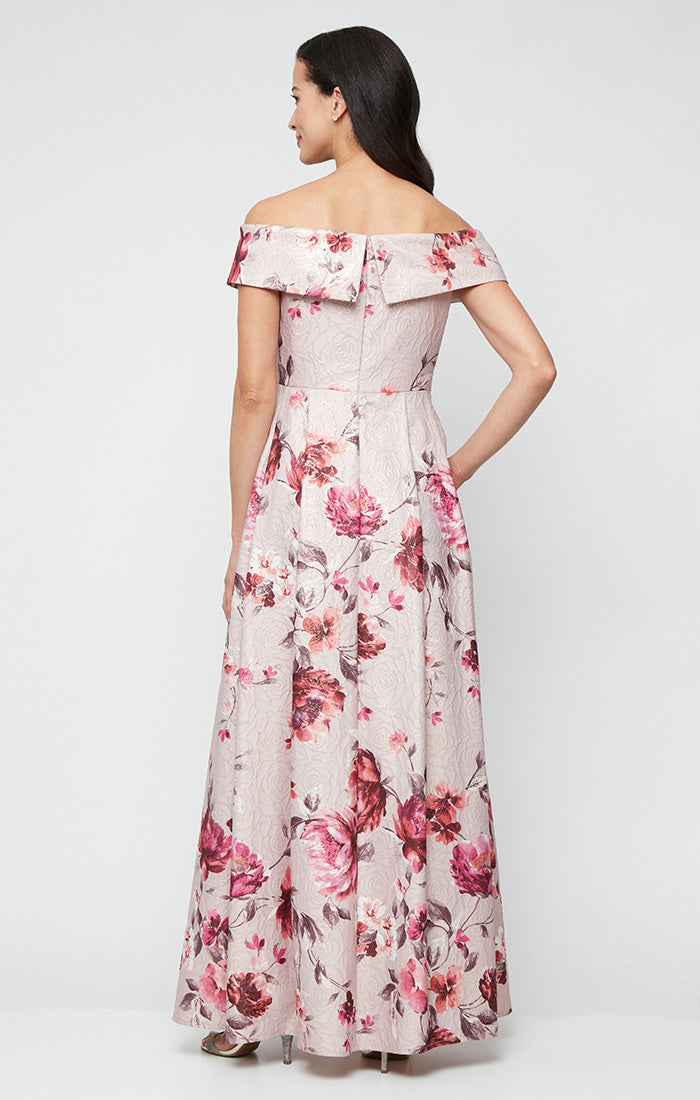 Long Printed Foil Jacquard Off-the-Shoulder Ballgown