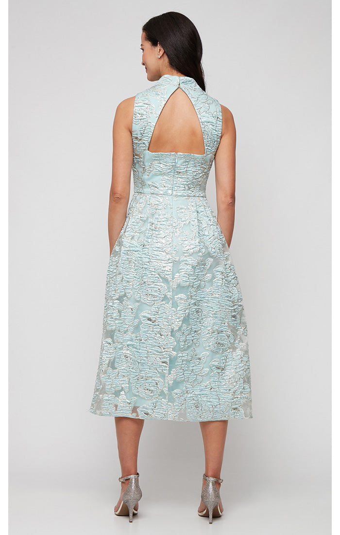 Midi Metallic Jacquard A-Line Dress with Cutout Back Detail