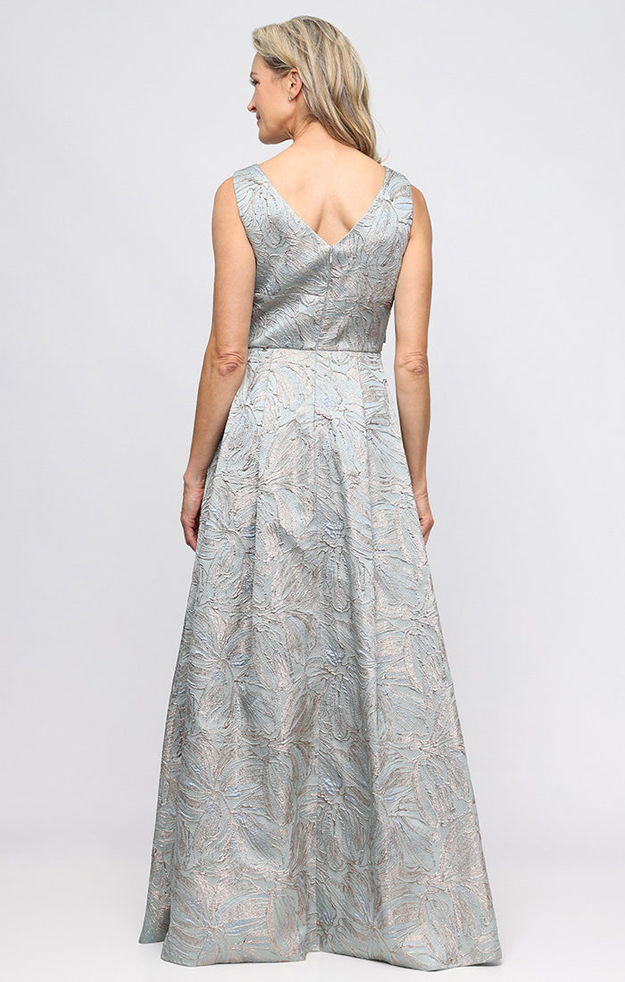 Sleeveless Printed Jacquard Dress with Ruched Tie Waist Detail and Fro