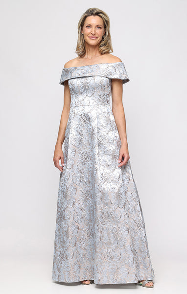 Jacquard Off-the-Shoulder Ballgown with Foldover Cuff Neckline