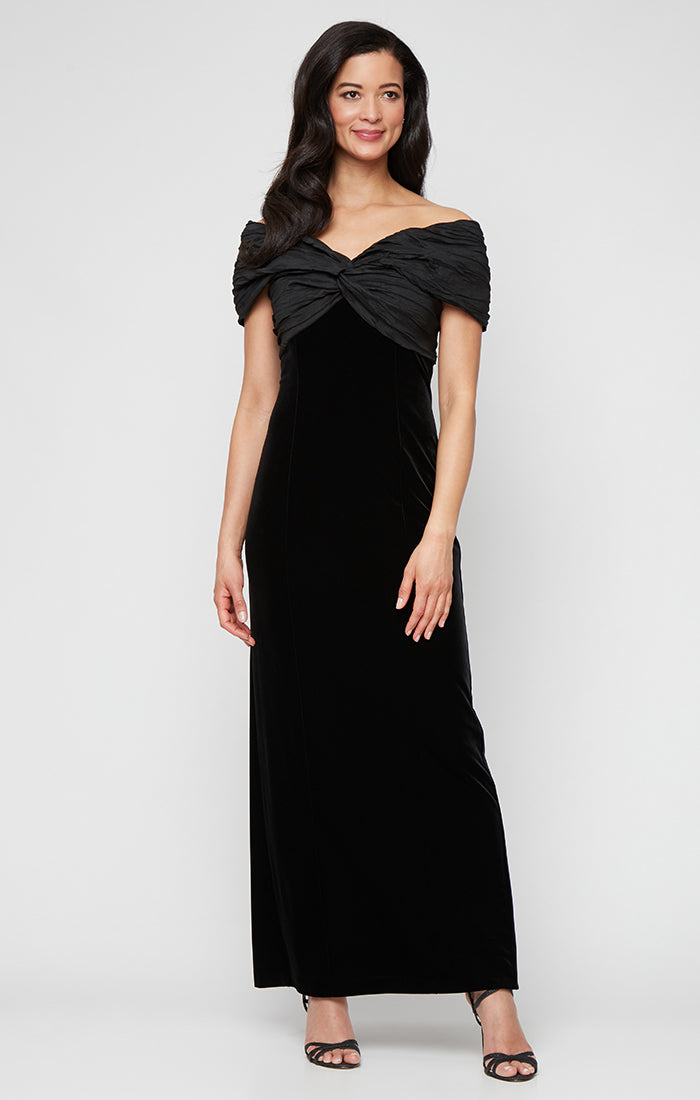 Alex Evenings Velvet Sheath Gown with Stretch Taffeta Twisted Off the Shoulder Neckline Black / 14