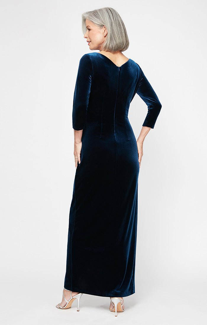 Long Surplice Neckline Velvet Dress with Tulip Overlay Hem Skirt and 3/4 Sleeves