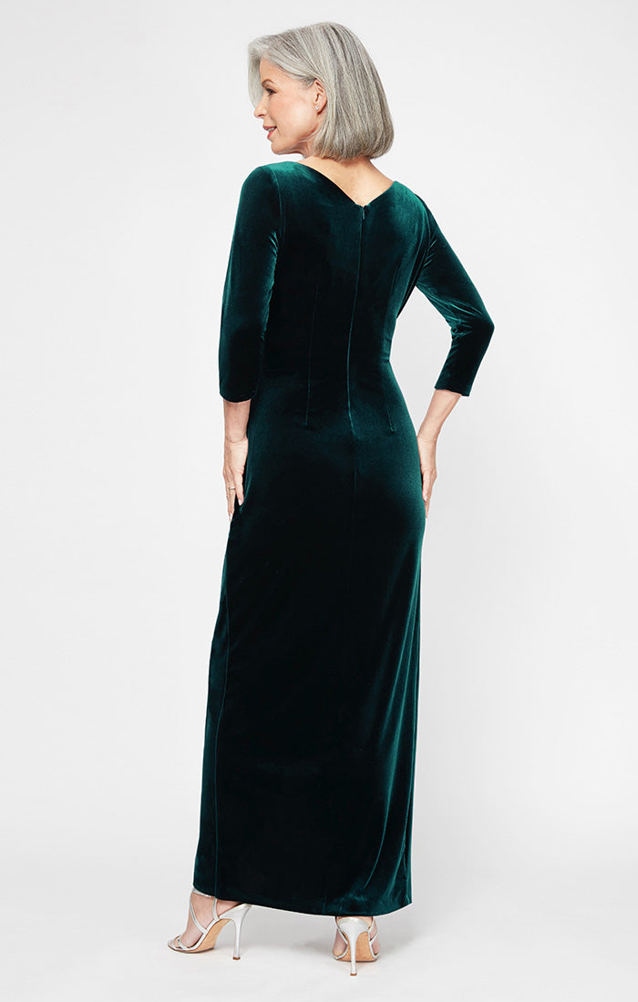 Long Surplice Neckline Velvet Long Dress with Tulip Overlay Hem Skirt and 3/4 Sleeves