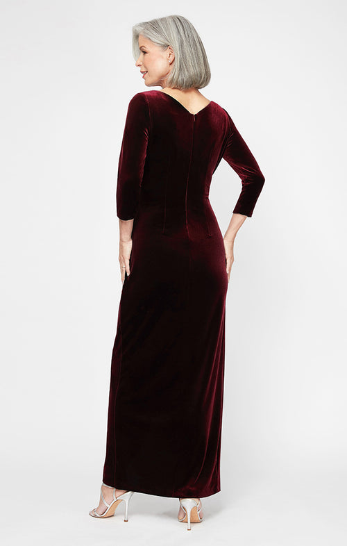 Long Surplice Neckline Velvet Long Dress with Tulip Overlay Hem Skirt and 3/4 Sleeves