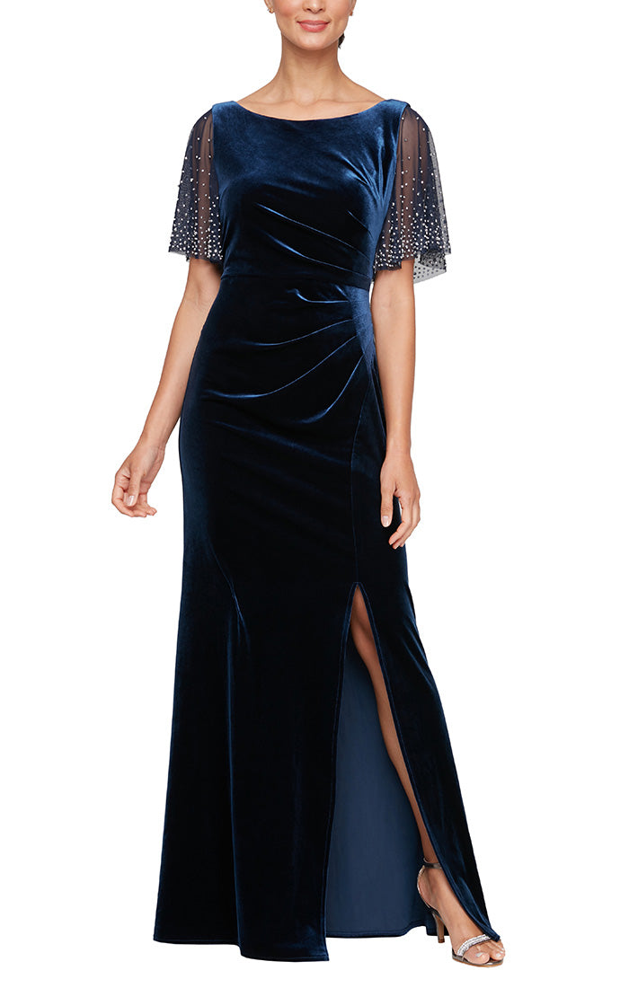 Plus Long Velvet Fit and Flare Dress with Heat Set Illusion Flutter Sleeves and Front Slit