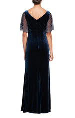 Plus Long Velvet Fit and Flare Dress with Heat Set Illusion Flutter Sleeves and Front Slit