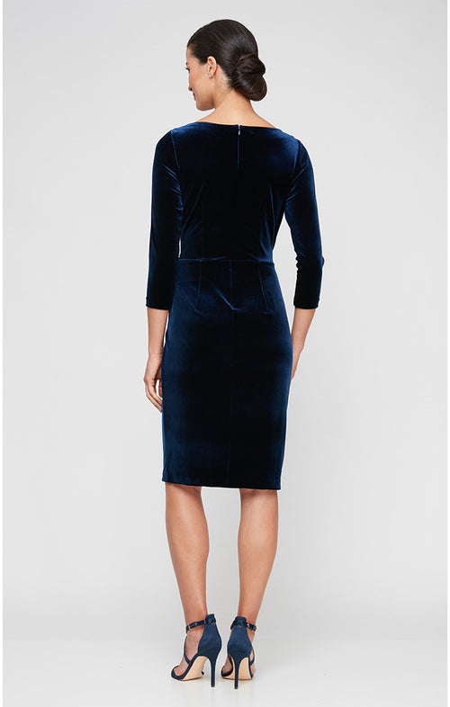 Petite - Short Velvet Sheath Dress with Surplice Neckline, Cascade Skirt and Embellishment Detail at Hip