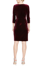 Short Velvet Sheath Dress with Surplice Neckline, Cascade Skirt and Embellishment Detail at Hip