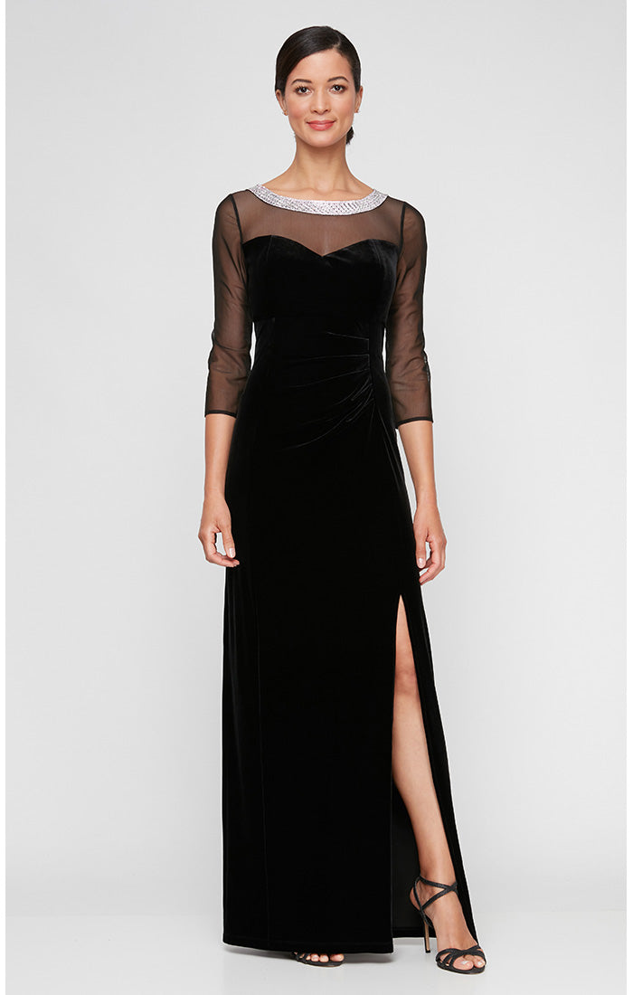 Petite - Velvet 3/4 Sleeve Side Ruched Dress with Embellished Neckline