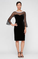 Sheath Velvet Dress with Embellished Sweetheart Illusion Neckline & Cascade Detail Skirt