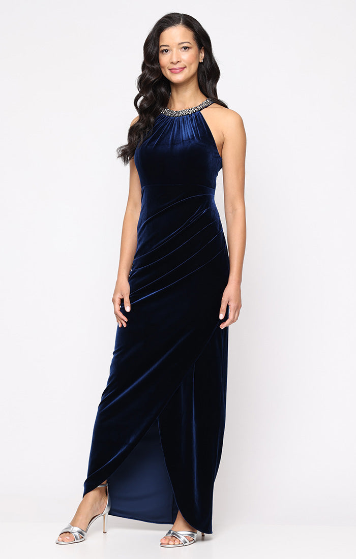 Petite - Stretch Velvet Halter Neck Dress with Embellished Neckline and Tulip Overlay Skirt