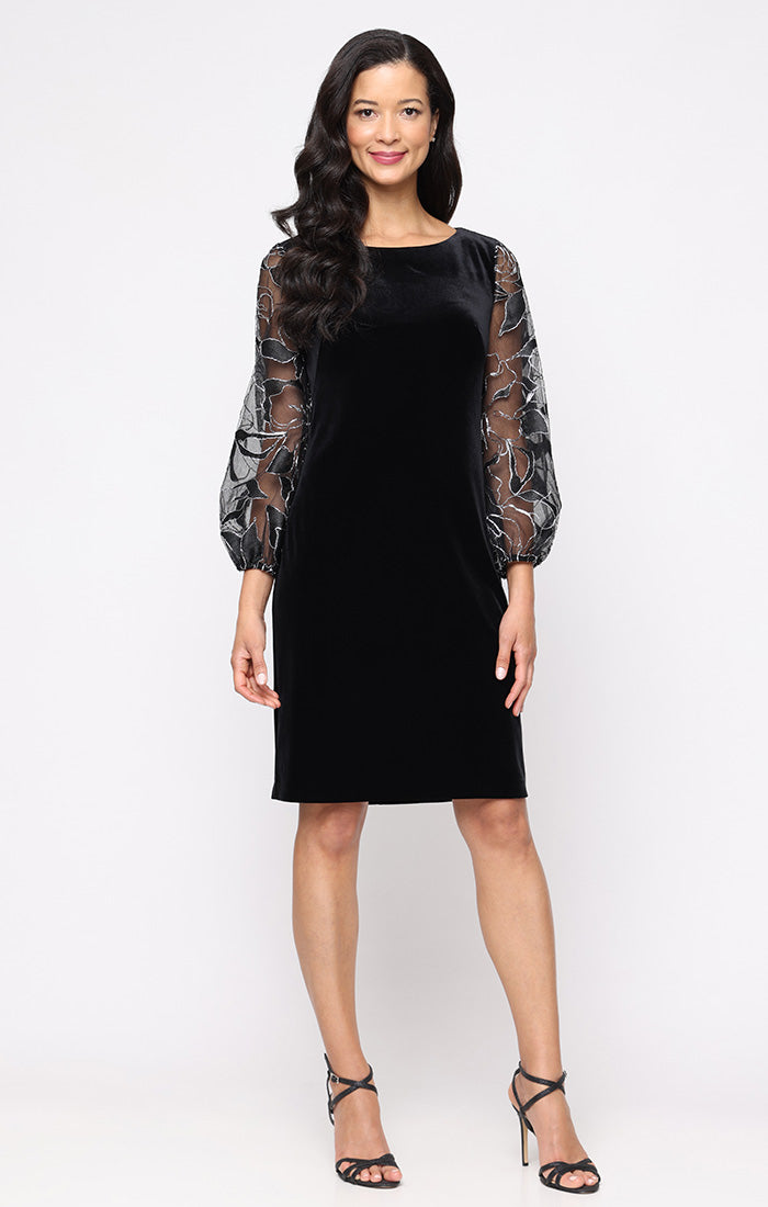 Regular - Short Stretch Velvet Sheath Dress with Embroidered Illusion Sleeves