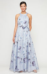 Petite Long Printed Shimmer Organza Dress with Halter Neckline, Full Skirt and Tie Belt