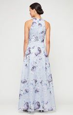 Petite Long Printed Shimmer Organza Dress with Halter Neckline, Full Skirt and Tie Belt