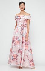 Petite Long Printed Shimmer Organza Off the Shoulder Dress with Tie Belt