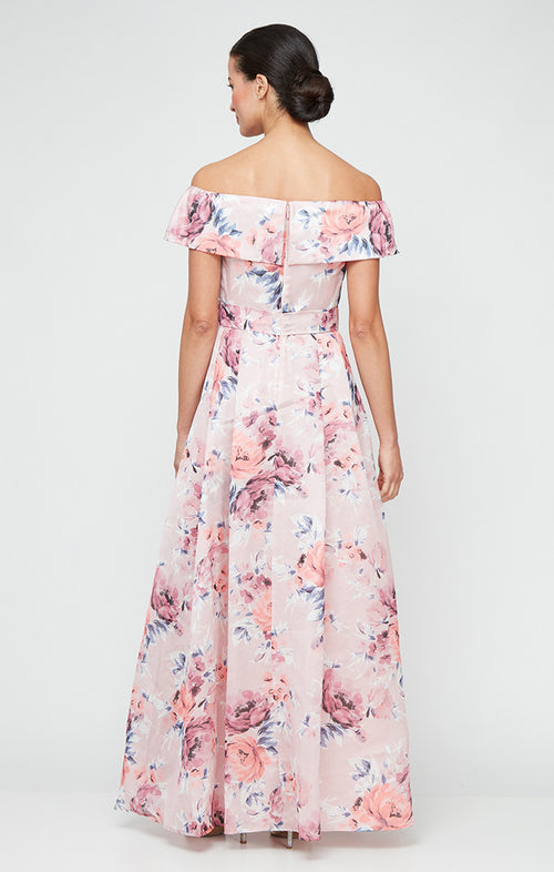 Petite Long Printed Shimmer Organza Off the Shoulder Dress with Tie Belt