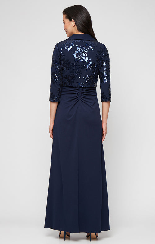 Petite - Scuba Crepe Jacket Dress with Sequin Bodice & Collared Jacket, Square Neckline and Front Slit