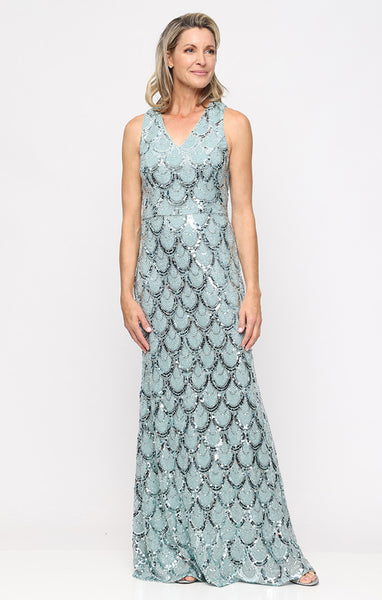 Long Sleeveless Sequin Dress with V-Neckline