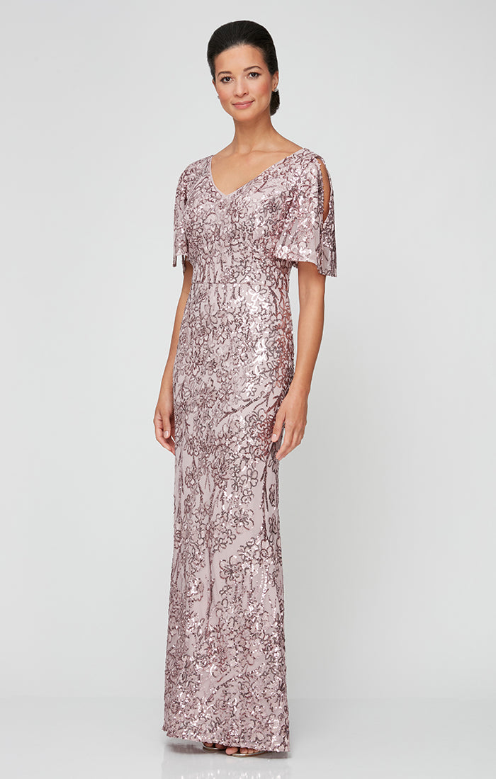 Sequin beaded cocktail dress with flutter sleeves and scallop trim on sale