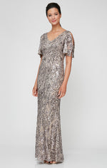 Petite V-Neck A-Line Sequin Dress with Cold Shoulder Flutter Sleeve