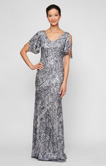 V-Neck Sequin Dress with Cold Shoulder Flutter Sleeve