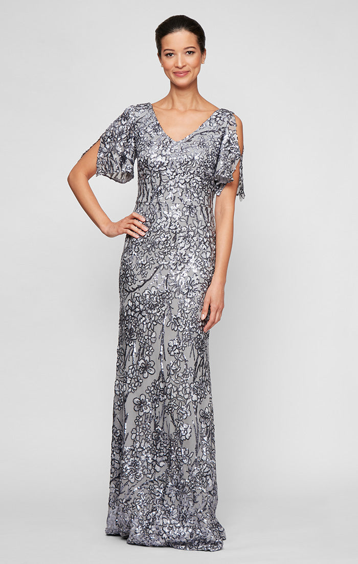 Petite V-Neck A-Line Sequin Dress with Cold Shoulder Flutter Sleeve