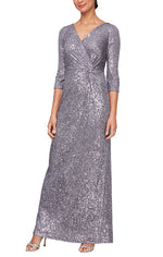 *Plus Long Column Sequin Gown with Surplice Neckline, 3/4 Sleeves and Knot Waist Detail