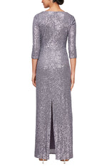 *Plus Long Column Sequin Gown with Surplice Neckline, 3/4 Sleeves and Knot Waist Detail