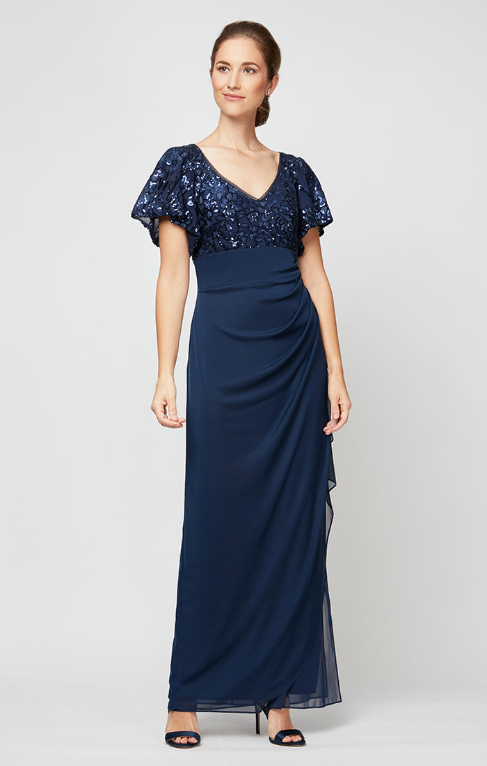 Empire Waist Mesh with Embroidered Sequin Bodice, Flutter Sleeves and Cascade Detail Skirt