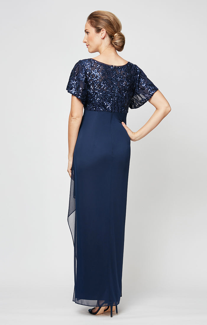 Empire Waist Mesh with Embroidered Sequin Bodice, Flutter Sleeves and Cascade Detail Skirt