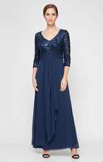 Long A-Line V-Neck Sequin Lace & Chiffon Gown with Empire Waistline