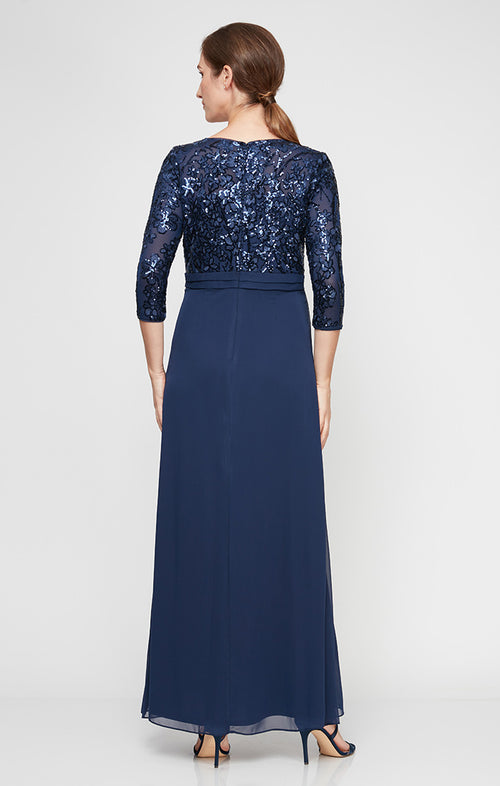 Long A-Line V-Neck Sequin Lace & Chiffon Gown with Empire Waistline