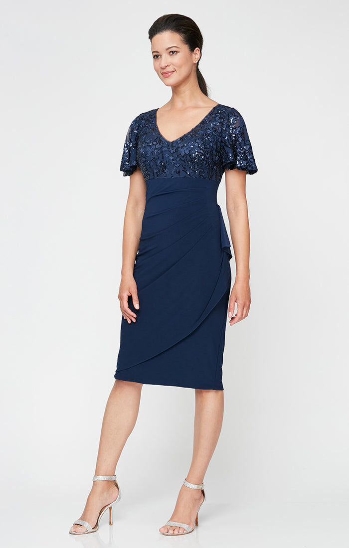 Short V-Neck Empire Waist Sheath Dress with Flutter Sleeves & Cascade Detail Skirt