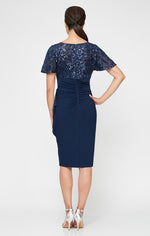 Short V-Neck Empire Waist Sheath Dress with Flutter Sleeves & Cascade Detail Skirt