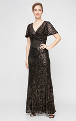 Long Sequin Dress with Twist Detail & Flutter Sleeves