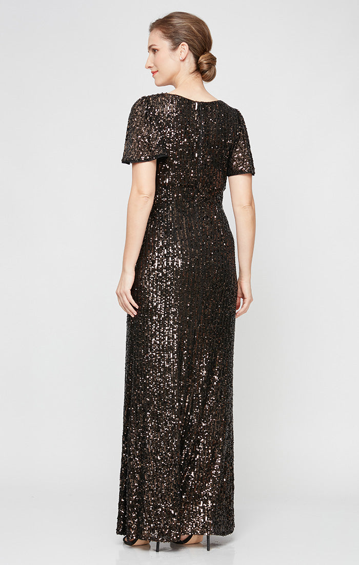 Long Sequin Dress with Twist Detail & Flutter Sleeves