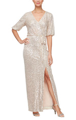 *Long Stretch Sequin Column Dress With Surplice Blouson Bodice, Bubble Hem Sleeves and Tie Waist Detail