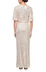 *Long Stretch Sequin Column Dress With Surplice Blouson Bodice, Bubble Hem Sleeves and Tie Waist Detail