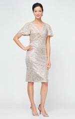 Regular - Sequin Sheath Dress with Twist Front Detail & Flutter Sleeves