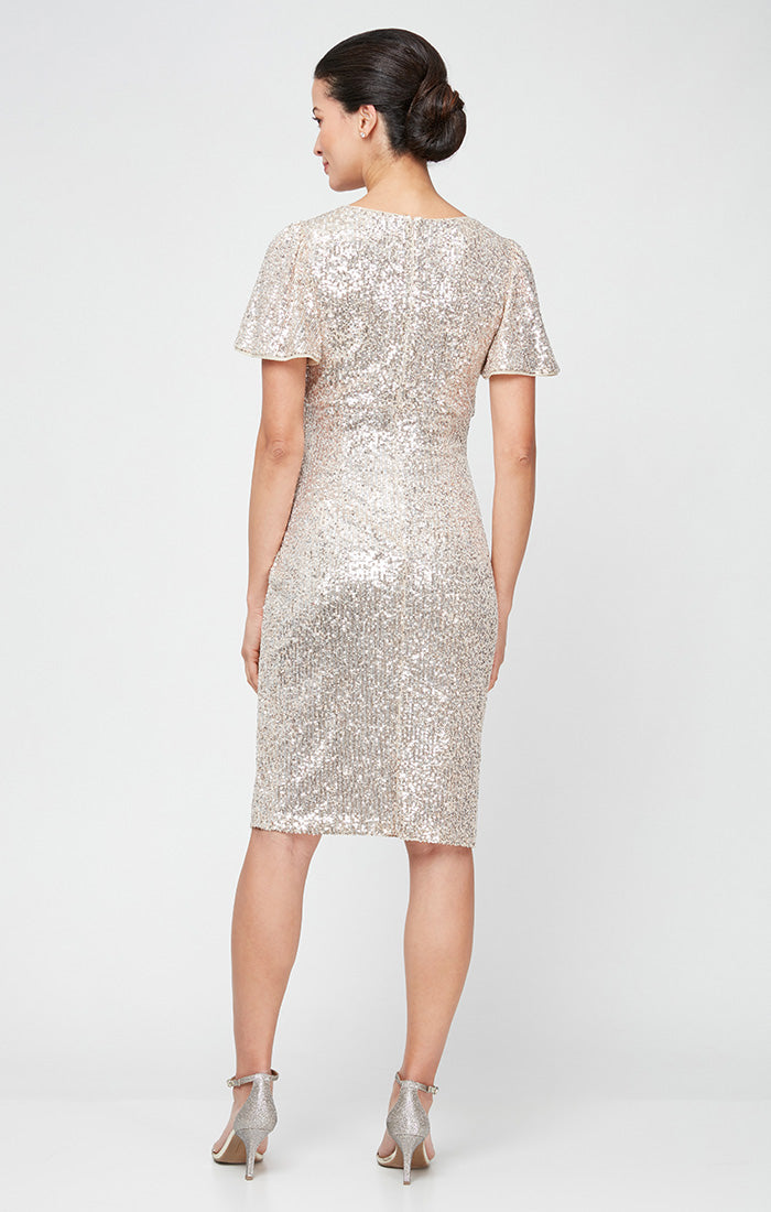 Regular - Sequin Sheath Dress with Twist Front Detail & Flutter Sleeves