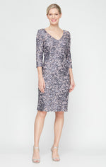 Short V-Neck Sheath Dress with Illusion Neckline and Elbow Sleeves