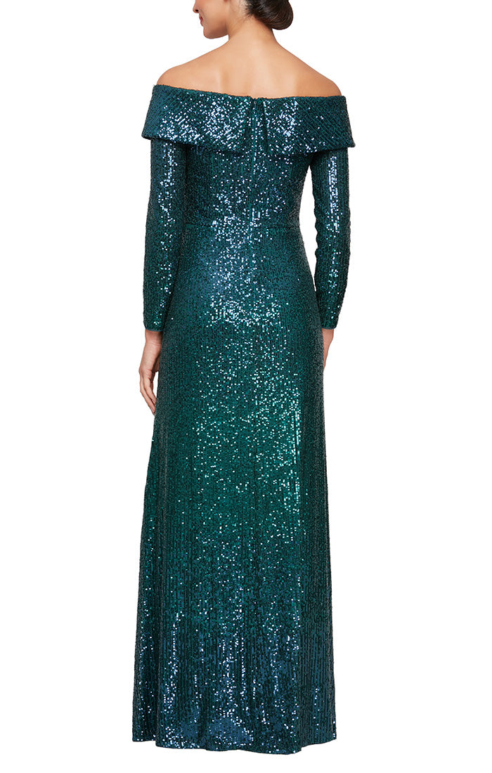 *Long Off the Shoulder Sequin Gown with Long Sleeves