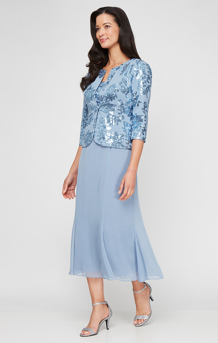 Tea Length Stretch Crepe Sequin Mock Jacket Dress with Square Neckline, Chiffon Skirt and Center Front Button Closure