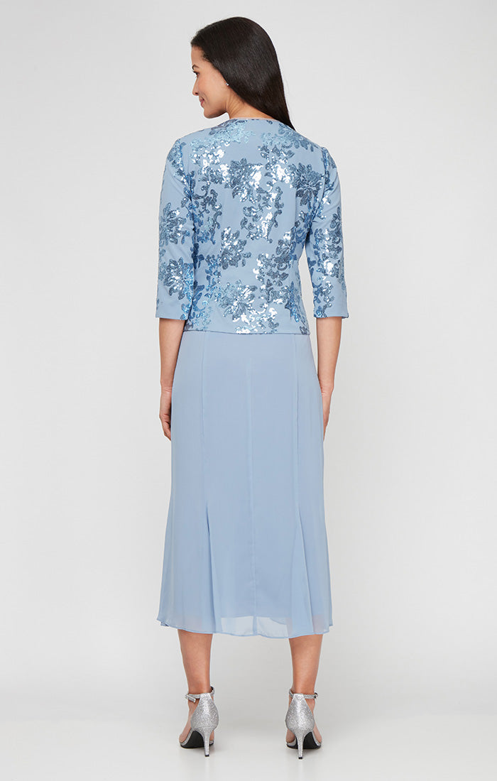 Tea Length Stretch Crepe Sequin Mock Jacket Dress with Square Neckline, Chiffon Skirt and Center Front Button Closure